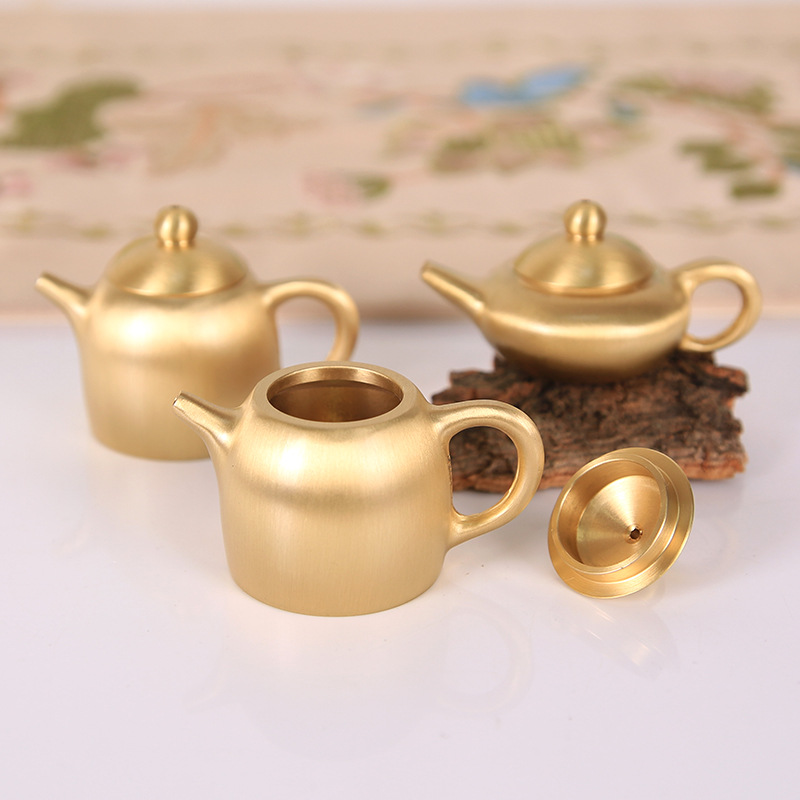 Vintage Collectible Furniture - 真鍮製ミニティーポット、中国風デスクトップ装飾、書斎用クリエイティブミニチュアモデル、ヴィンテージハンドヘルド、好奇心とコレクション用