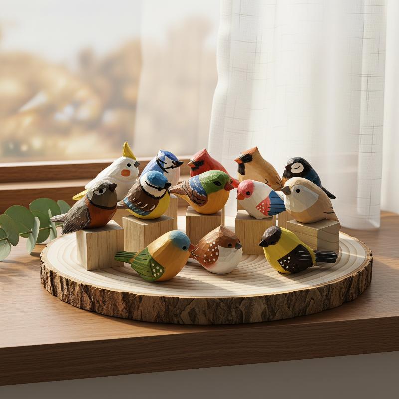 Vintage Collectibles Store - 可愛い手彫りの木製鳥の置物、カラフルな手描き、天然木の台座付き、家の装飾、ギフト、コレクションに