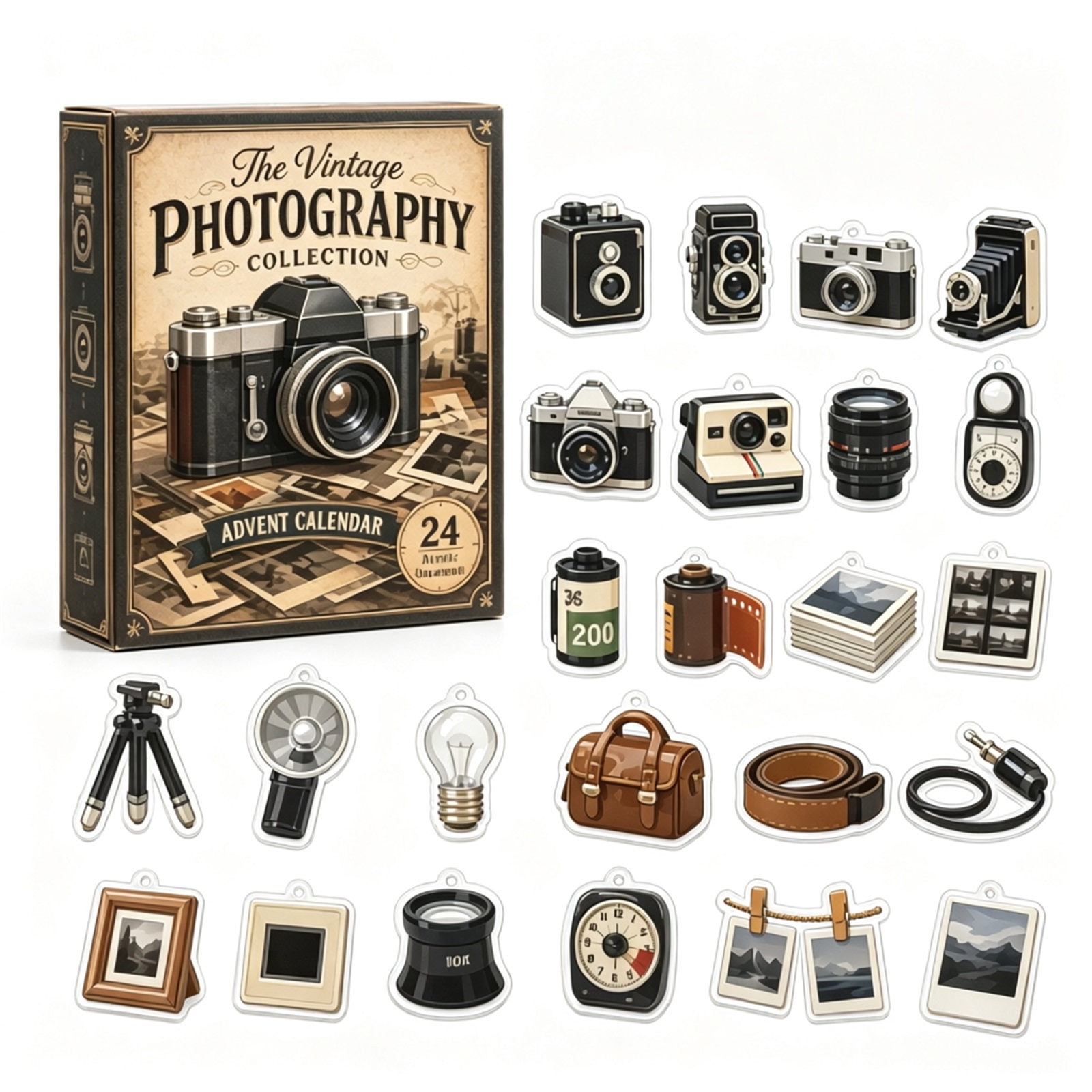 Collectible Vintage Cameras - 2026年 ヴィンテージ写真コレクション アドベントカレンダー 24個入り 2Dフラットアクリル レトロカメラをテーマにした吊り下げオーナメント装飾