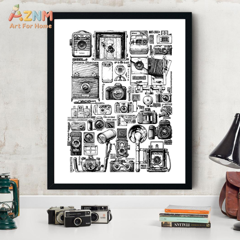 Collectible Vintage Cameras - AZNM ヴィンテージカメラコレクション キャンバスウォールアート ブラックホワイトスケッチ レトロカメラ ドローイング写真家スタジオ