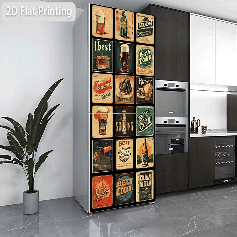 Vintage Collectible Furniture - 冷蔵庫ステッカー、冷蔵庫と食器洗い機用ステッカー、ヴィンテージ飲料ポスターコレクションをテーマにしたデザイン、粘着式ウォールステッカー