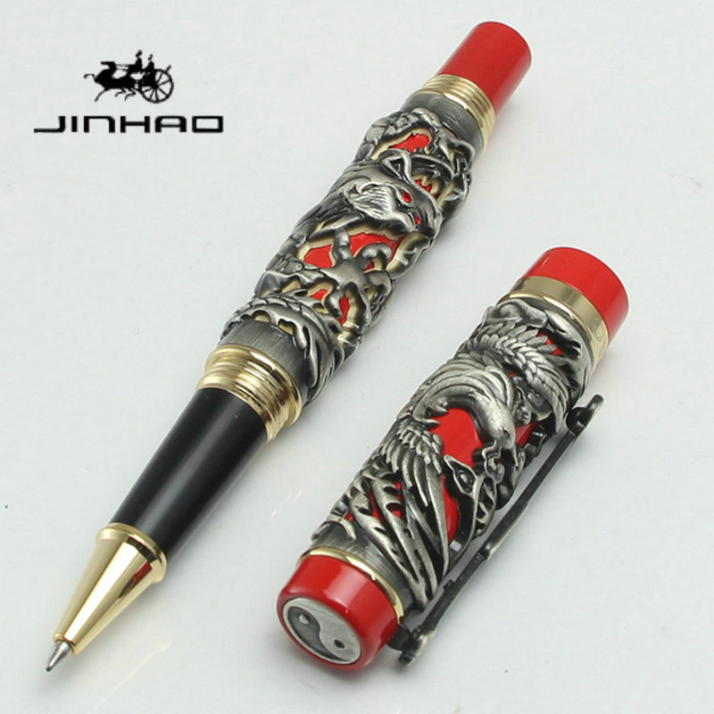 Vintage Collectible Pens - ヴィンテージコレクターズアイテム JINHAO ドラゴンフェニックスローラーボールペン 3D中空レリーフソリッド銅製 重厚メタルサインペン