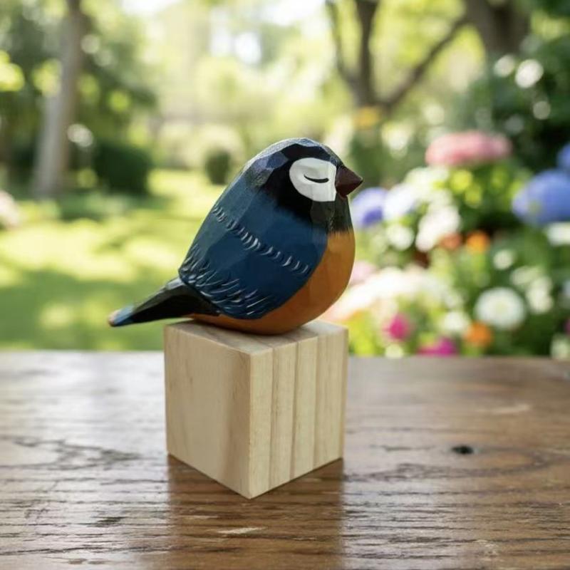 可愛い手彫りの木製鳥の置物、カラフルな手描き、天然木の台座付 - Vintage Collectibles Store のレビューと価格